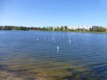 Pohled na přehradu, na které se plachetnice stávají nicotnými.